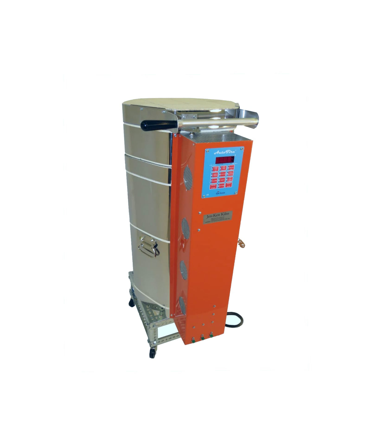 Jen-Ken Vertical Air Bath 30 knife kiln, a tall vertical heat treating oven, with the lid closed