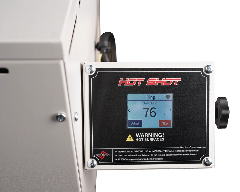 Hot Shot HS-12G glass kiln TAP touchscreen controller close-up displaying firing interface