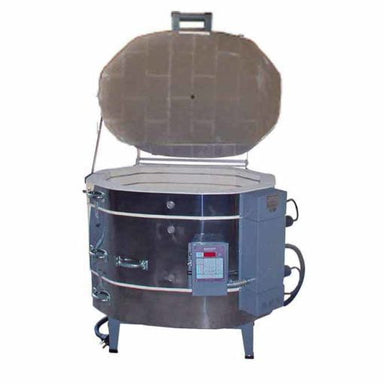 Olympic Kilns 2023HE oval electric kiln with lid open displaying spacious firing chamber and control box