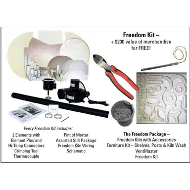 Olympic Kilns 1414HE Freedom Package kit with elements, vent system, tools, and emergency repair accessories