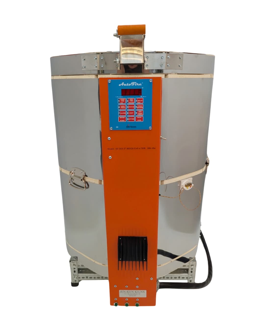 Jen-Ken Mega Coil 2431 3" Ceramic Kiln with the lid closed, front view