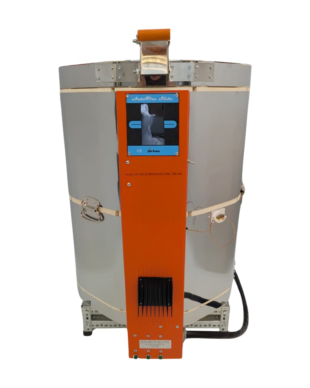 Jen-Ken Mega Coil 2431 3" Ceramic Kiln with the lid closed, front view, shown with the Orton AF Slide touchscreen controller