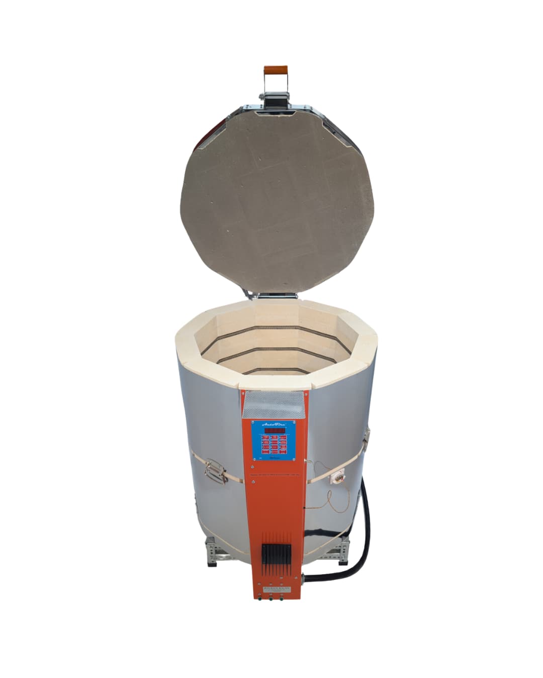 Jen-Ken Mega Coil 2431 3" Ceramic Kiln with the lid open, front view