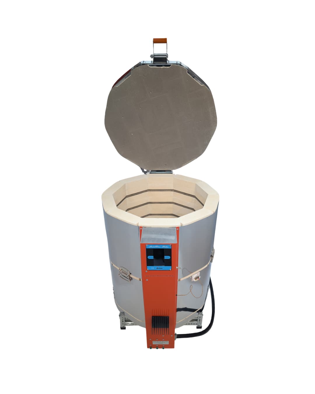 Jen-Ken Mega Coil 2431 3" Ceramic Kiln with the lid open, front view, shown with the Orton AF Slide touchscreen controller