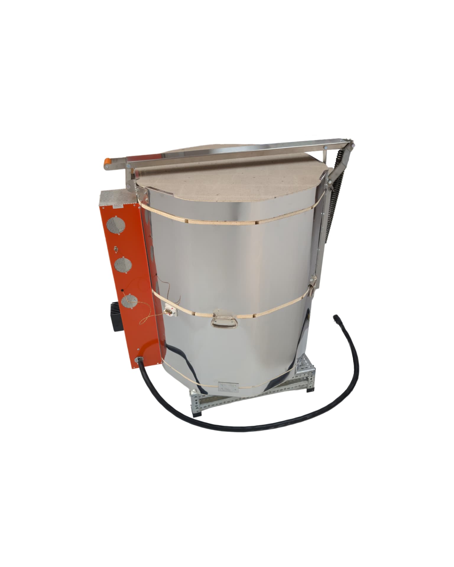 Jen-Ken Mega Coil 2431 3" Ceramic Kiln with the lid closed, left side