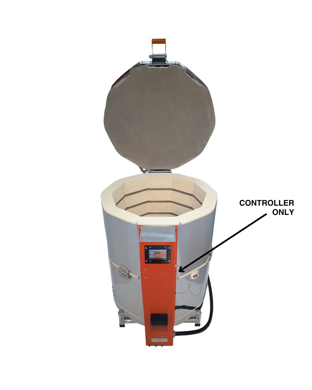 SDS Industries TAP II controller shown with the Jen-Ken Mega Coil 2431 kiln front open