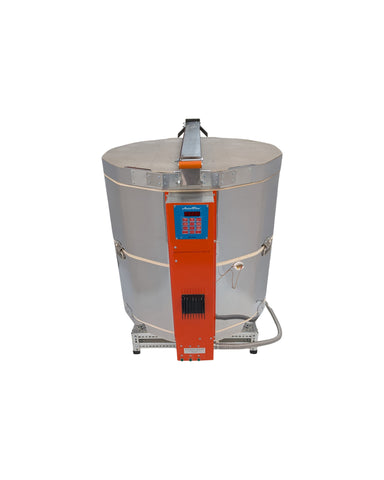 Jen-Ken Mega Coil 2829 3" Ceramic Kiln with the lid closed, front view, shown with the Orton AutoFire controller