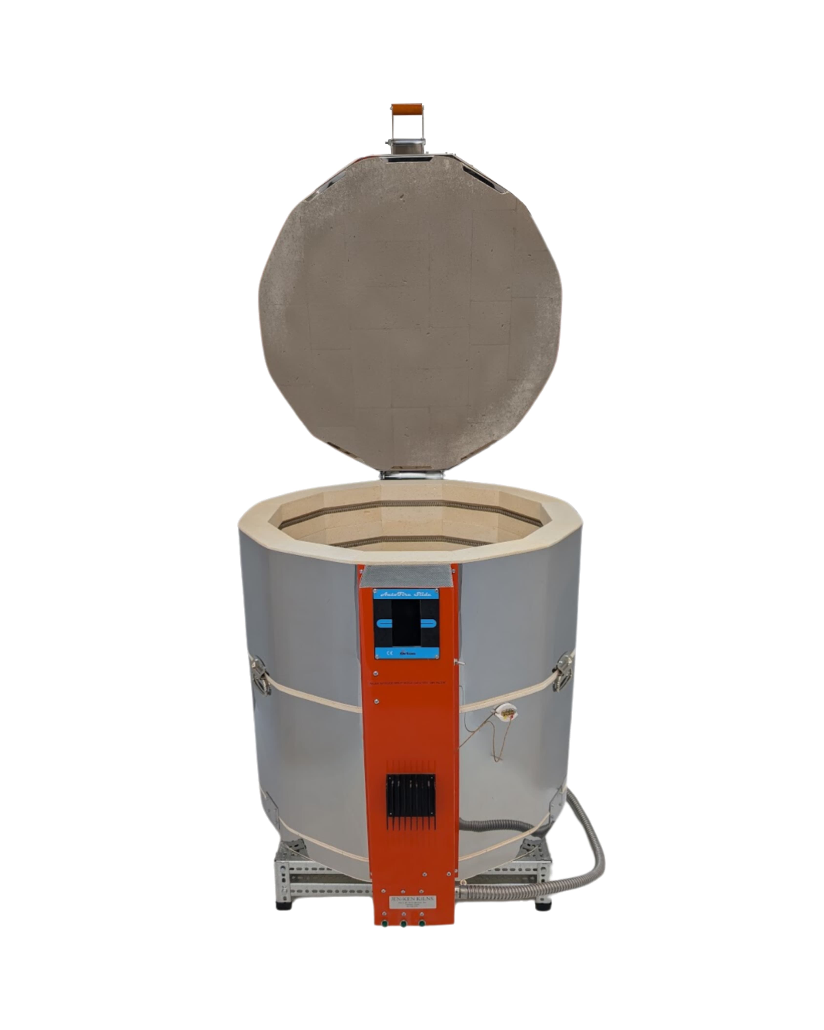 Jen-Ken Mega Coil 2829 3" Ceramic Kiln with the lid open, front view