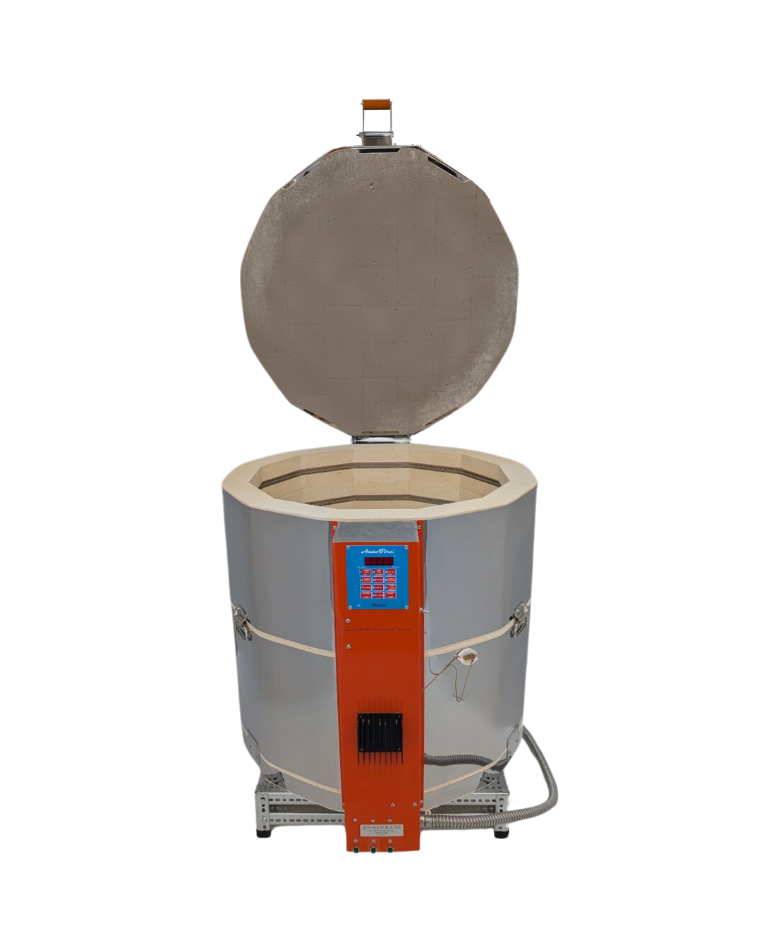 Jen-Ken Mega Coil 2829 3" Ceramic Kiln with the lid open, front view, shown with the Orton AutoFire controller