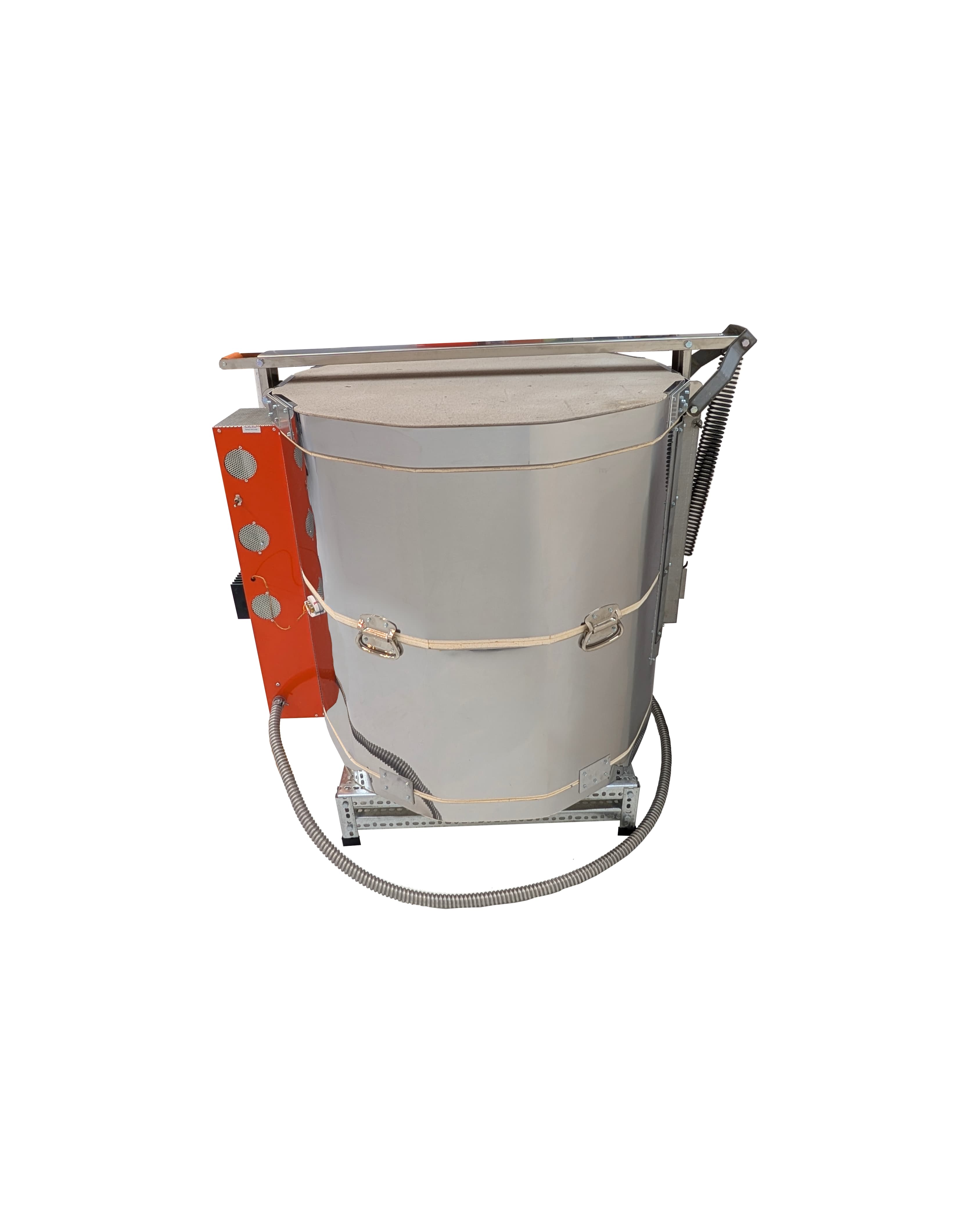 Jen-Ken Mega Coil 2829 3" Ceramic Kiln with the lid closed, left side