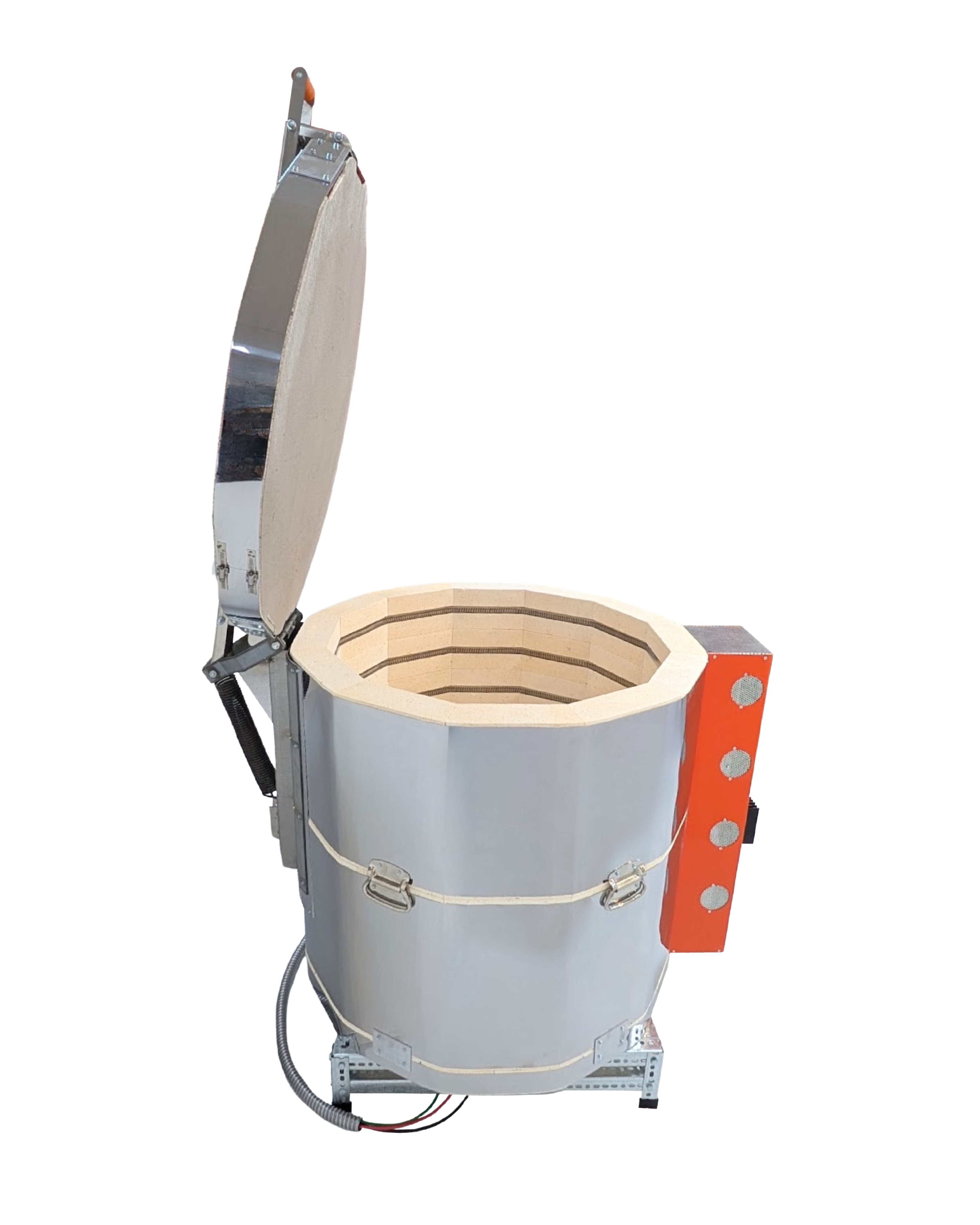 Jen-Ken Mega Coil 2829 3" Ceramic Kiln with the lid open, right side