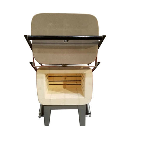 Olympic 139FLE front-loading kiln open with bottom door and interior elements
