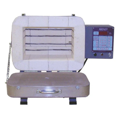 Olympic 139FLE front-loading kiln open with chamber and bottom-hinged door
