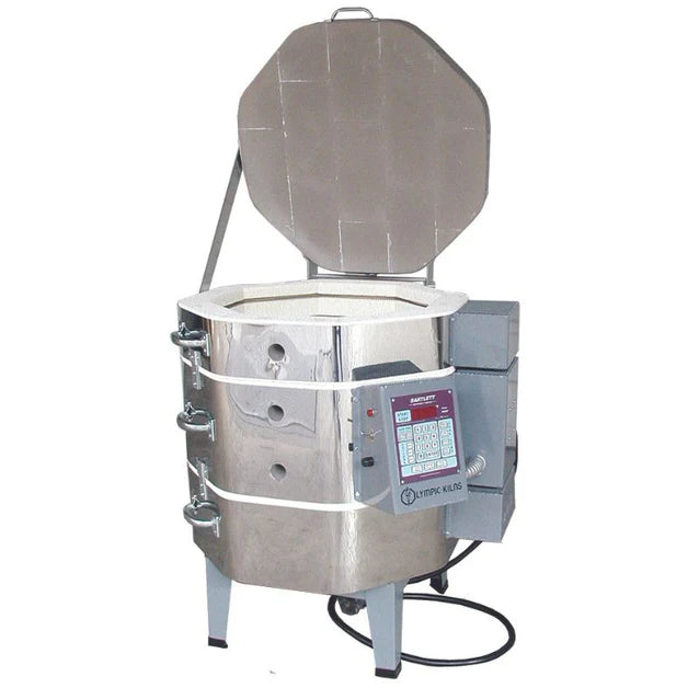 Olympic 1818E electric kiln open with lid showing interior chamber and control box