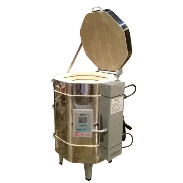 Olympic 1827HE electric kiln open with lid showing interior chamber and control box