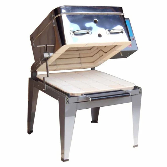 Olympic Kilns 189 Slider glass kiln angled view with clamshell lid open and interior exposed