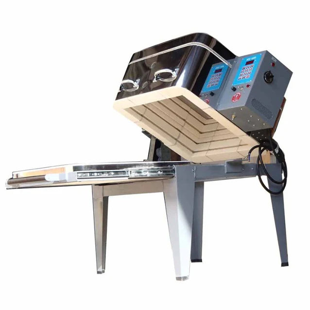 Olympic Kilns 189 Slider kiln side angle with open clamshell lid and extended sliding shelf