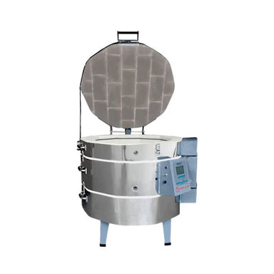 Olympic 2318HE electric kiln open with lid raised showing deep firing chamber and control panel