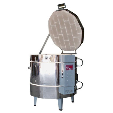 Olympic Kilns 2323HE electric kiln with lid open showing round chamber and KilnStar controller mounted on side
