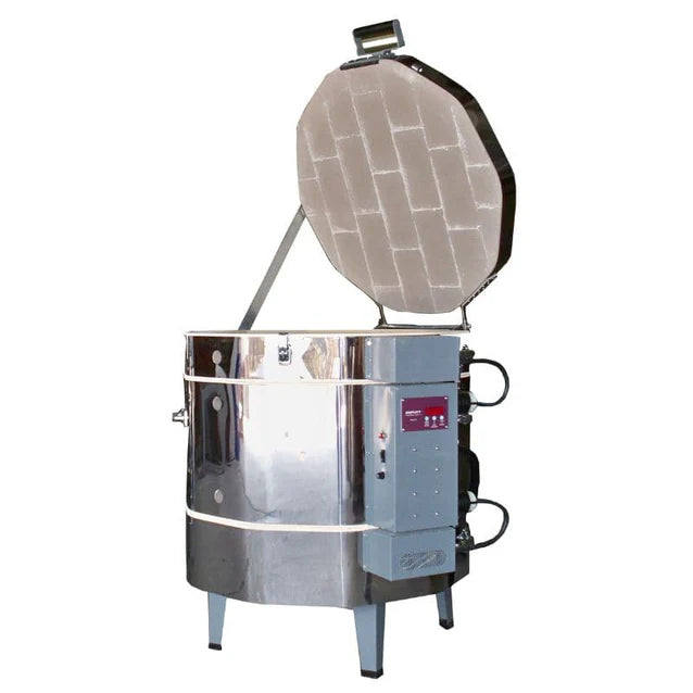 Olympic Kilns 2323HE electric kiln with lid open showing round chamber and KilnStar controller mounted on side
