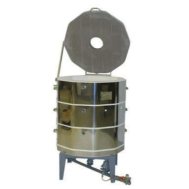 Olympic 2327G updraft gas kiln open showing top-loading chamber and interior firebrick