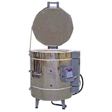 Olympic Kilns 2327HE electric kiln with lid open showing large round firing chamber and control box