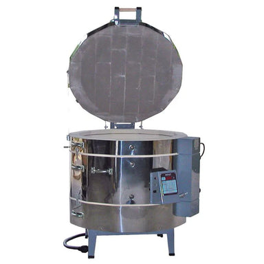Olympic Kilns 2823HE electric kiln front view with lid open showing spacious round firing chamber
