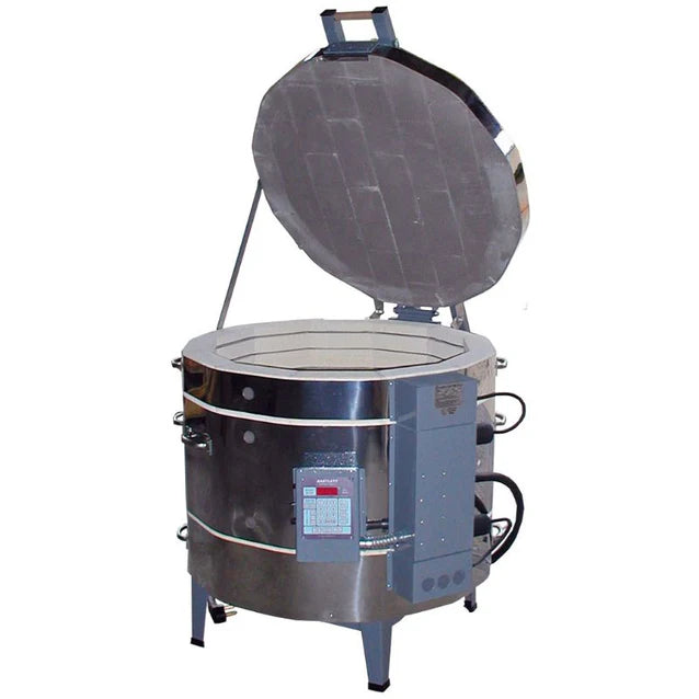 Olympic Kilns 2823HE electric kiln angled side view with lid open highlighting interior and control panel