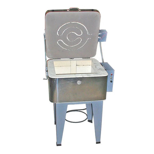 Olympic Champ XL glass kiln open with lid element showing interior chamber and shelves