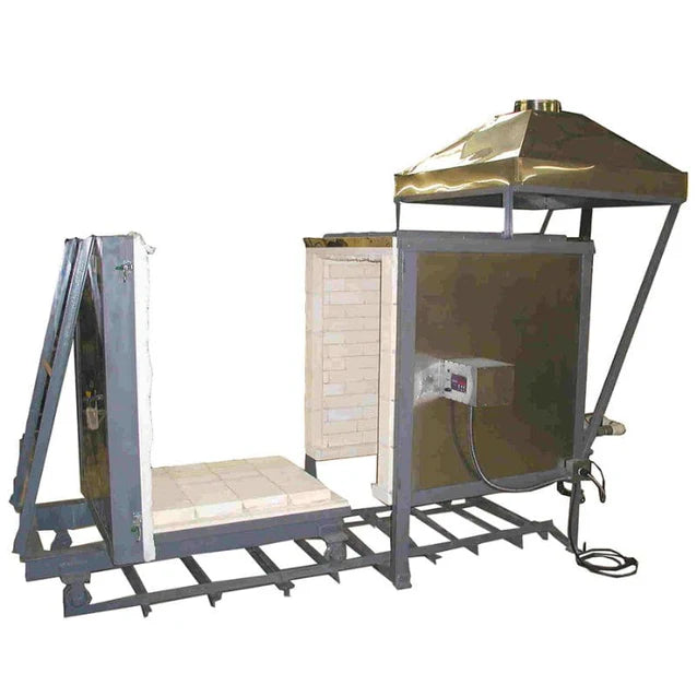 Olympic Kilns DD9 large capacity gas car kiln with track system and vent hood for efficient loading and firing