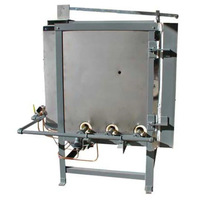 Olympic Kilns DD9 gas kiln side view showing burner configuration and durable steel frame construction