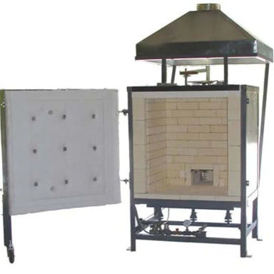 Olympic Kilns DD9 gas kiln front open with vent hood revealing spacious brick-lined firing chamber