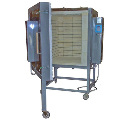 Olympic FL17E large capacity electric kiln open showing front-loading chamber and interior