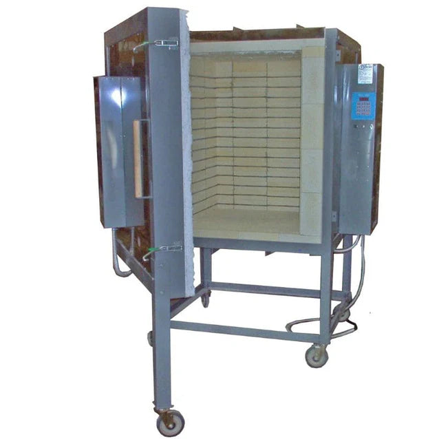 Olympic FL17E large capacity electric kiln open showing front-loading chamber and interior