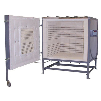 Olympic FL53E kiln open front view revealing deep firebrick chamber for industrial ceramic or glass firing