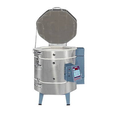 Olympic Kilns 1823HE Freedom Package electric kiln front view with lid open and digital control panel
