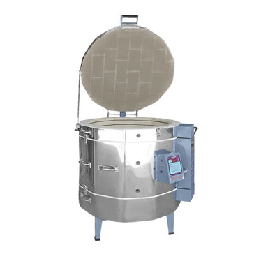 Olympic Kilns 2827HE Freedom Package electric kiln front view with lid open and digital controller mounted on side