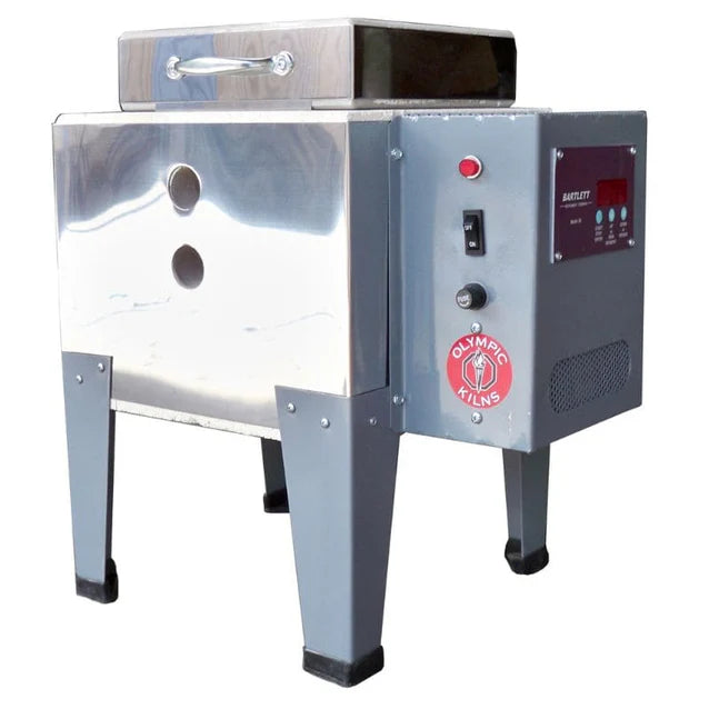 Olympic HotBox E electric kiln compact tabletop design with control panel and stainless steel finish