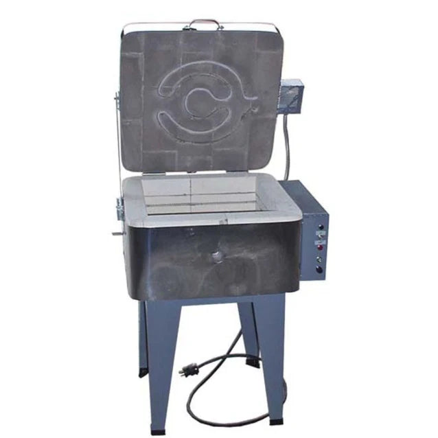 Square 146GFE kiln front view with open lid revealing interior firebrick chamber for glass firing