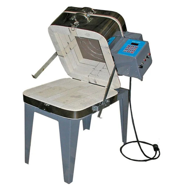 Olympic 146GFE clamshell glass kiln configuration with hinged lid open for horizontal loading