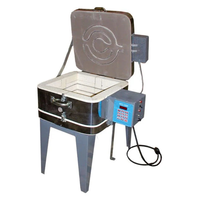 Square 146GFE top-loading kiln open with visible heating chamber and digital control panel