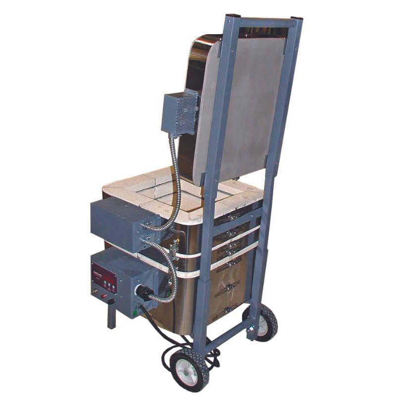 Traveler kiln open back angled view with lid raised and support frame visible
