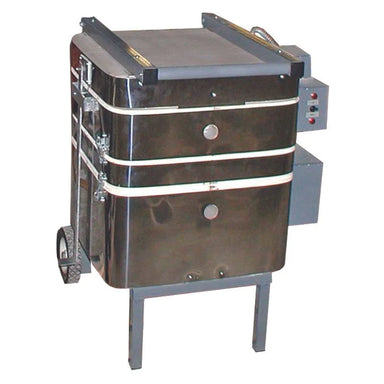 Olympic Traveler 120V electric kiln front view with lid open and wheeled stand