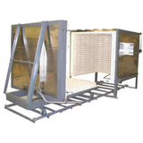 Olympic Kilns FL53E car kiln open showing spacious interior chamber and sliding track base