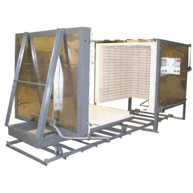 Olympic Kilns FL53E car kiln open showing spacious interior chamber and sliding track base