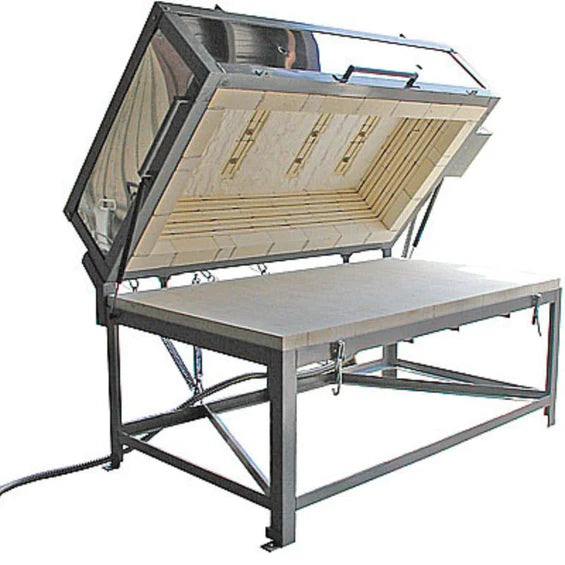 Olympic Kilns GF15E large glass kiln open with lid lifted revealing heating elements