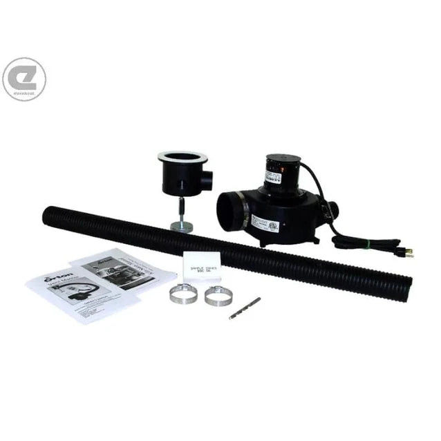 Olympic Kilns 2327HE kiln vent system kit with blower motor, duct hose, and installation components for airflow control