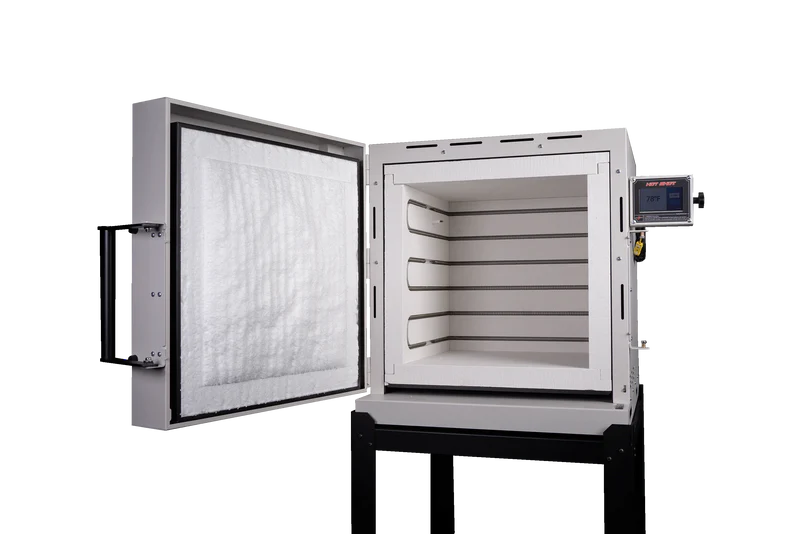 Hot Shot annealing cabinet open front view with large glass chamber
