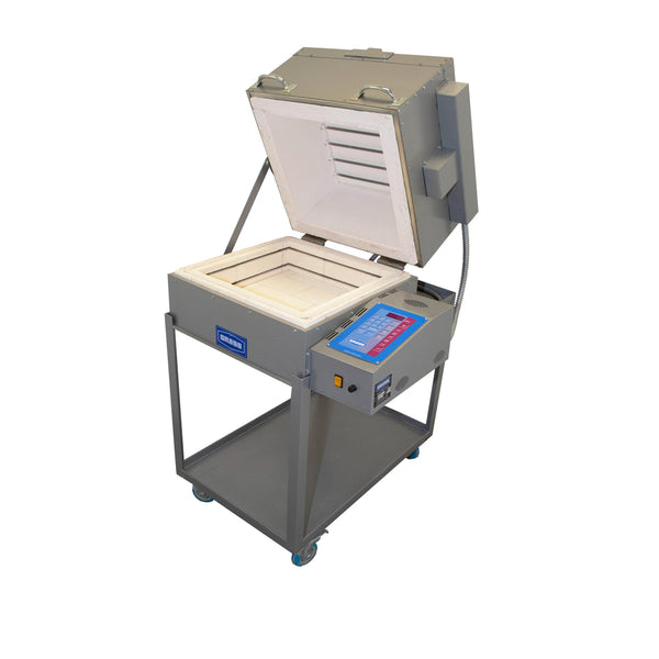 Cress GLS717E Clamshell Glass Kiln | CRESS-GLS717E | clamshell glass kiln on rolling stand with shelf