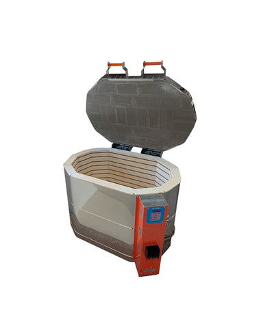 Jen-Ken Oval 27 3" Ceramic Kiln open, three-quarter view